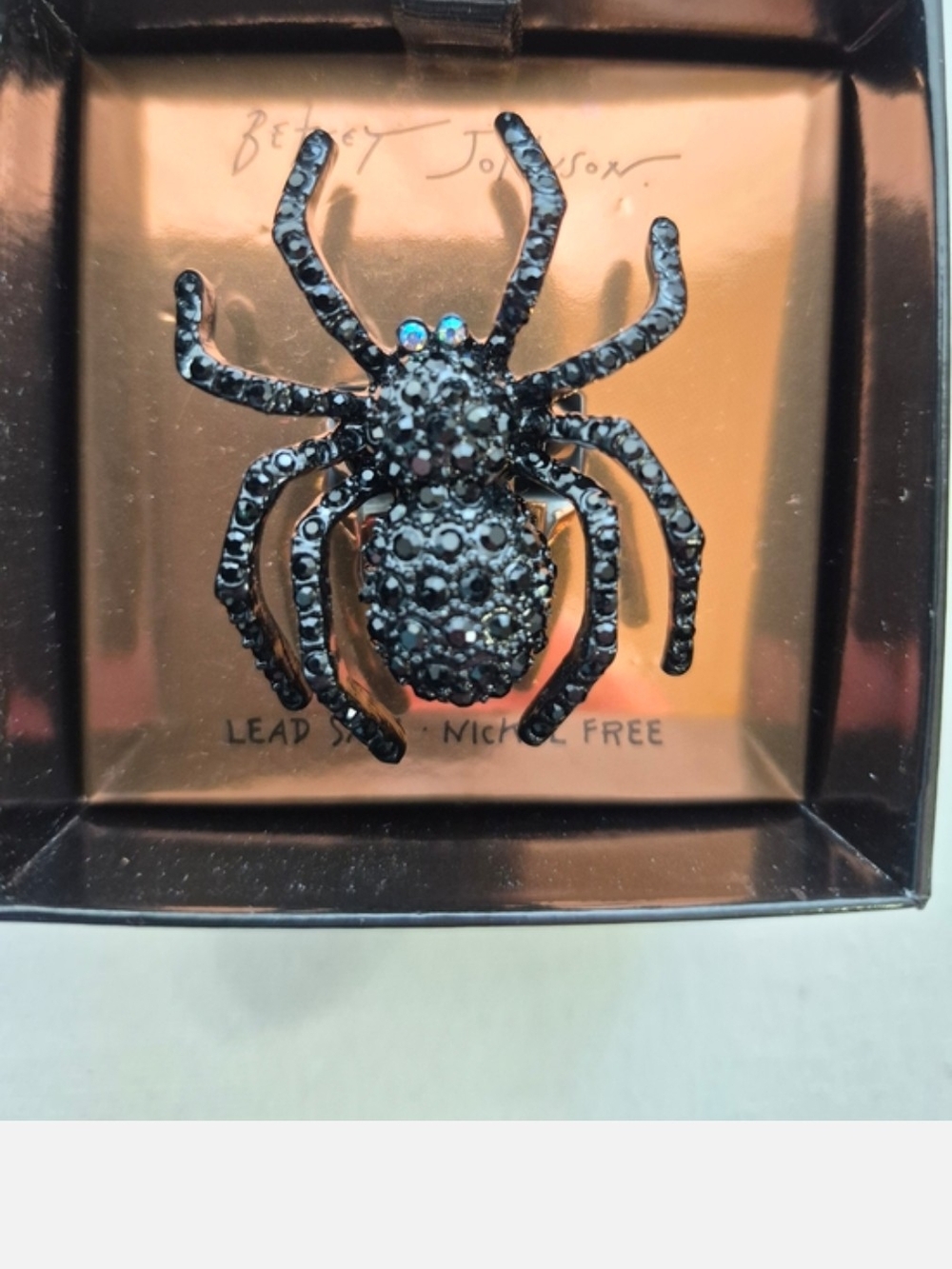 Betsey Johnson Black Crystal Spider Ring- Black New